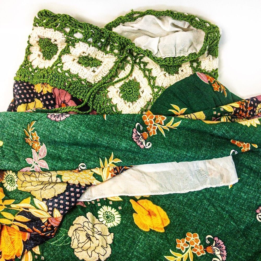 Thai Green Floral Crocheted Bodice Midi Summer Dress Sz S/M - Picture 10 of 11